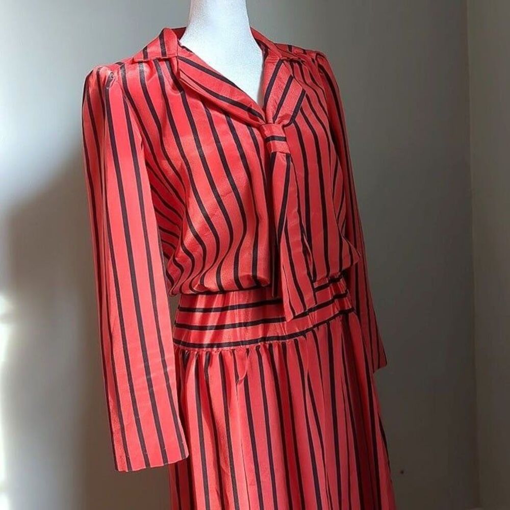 Vintage 70s Cora's Closet Midi Dress Red Stripe Secretary Size Petite Medium - Picture 7 of 11